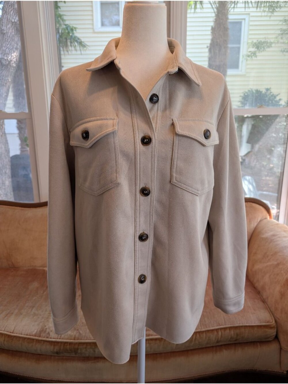 Women's Faux Suede Oatmeal Shirt Jacket Size M Neutral Minimalist